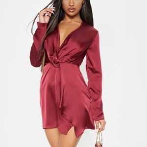 Burgundy Satin Long Sleeve Wrap Dress
